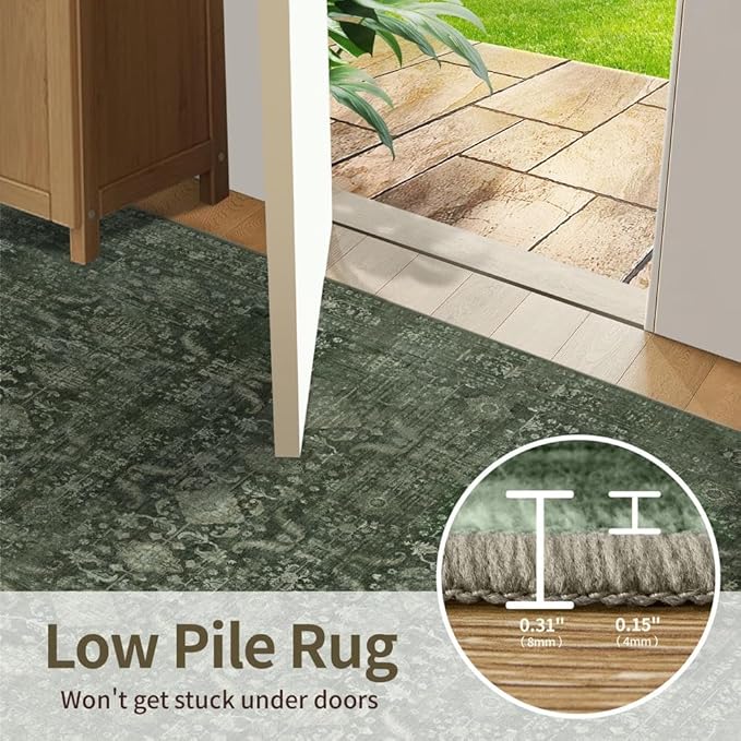 6x9 Area Rugs for Living Room Bedroom, Large Washable Rug, Green Vintage Floral Boho Style, Non Slip & Low Pile Carpet for Indoor Dining Room, Dorm and Kids Room(Green 6x9ft)