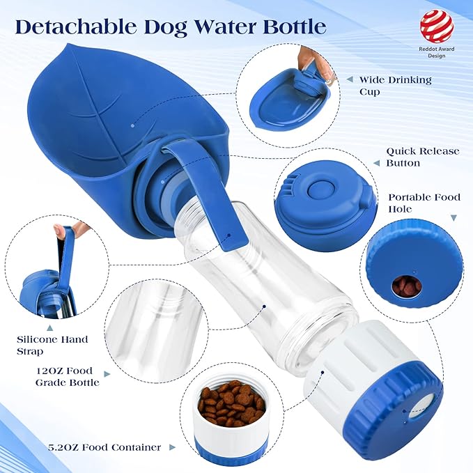 Upgraded Dog Water Bottle, Portable Dog Cat Puppy Pet Water Dispenser Feeder with Drinking Cup and Food Container Leak Proof for Outdoor Walking, Travel, Hiking 12OZ Blue