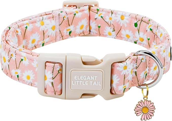 Elegant little tail Dog Collar, Pink Daisy Print Spring Soft Cotton Puppy Collars Adorable Female Pet Gift Lightweight Plastic Adjustable Dog Collar for Large Dogs