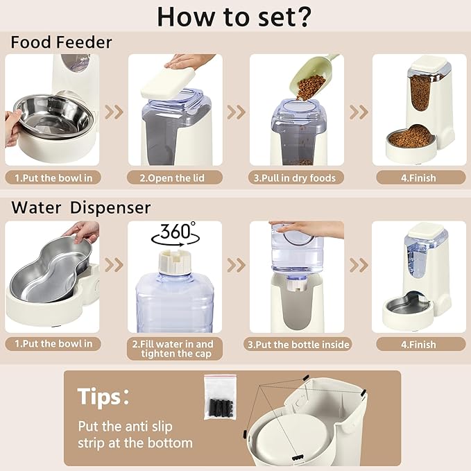 2 Pack Automatic Cat Feeder and Stainless Steel Water Dispenser, Gravity Dog Waterer Set Food Feeder and Waterer Set for Small Medium Kitten Puppy Pets (1 Gallon x 2, Ivory White)