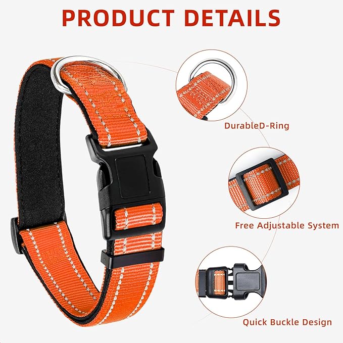 Reflective Dog Collar for Extra Large Dogs, Adjustable Collar with Soft Neoprene Padded, Durable Buckle for Daily Walking,Orange,XL