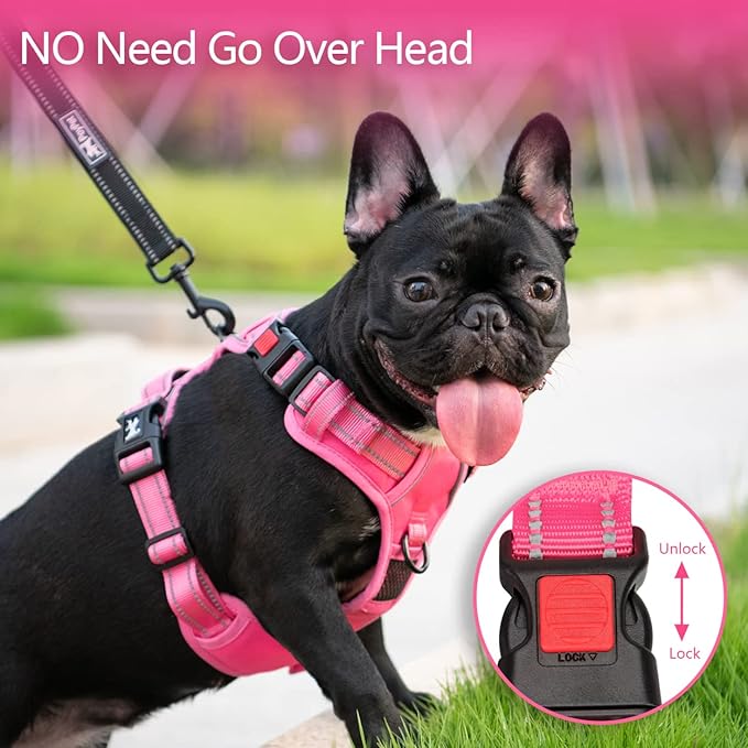 PoyPet No Pull Dog Harness, No Choke Reflective Dog Vest, Adjustable Pet Harnesses with Easy Control Padded Handle for Small Medium Large Dogs(Pink Matching Trim,XL)