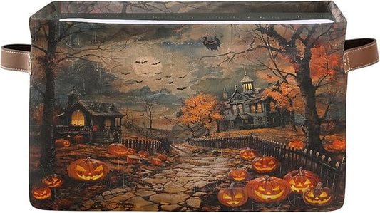 Wamika Halloween Castle Storage Basket with Waterproof Liner and PU Handles Spooky Pumpkin Lantern Storage Bins Boxes 14.2" Collapsible Decorative Organizer Baskets for Bedroom Closet Office 1 Pack