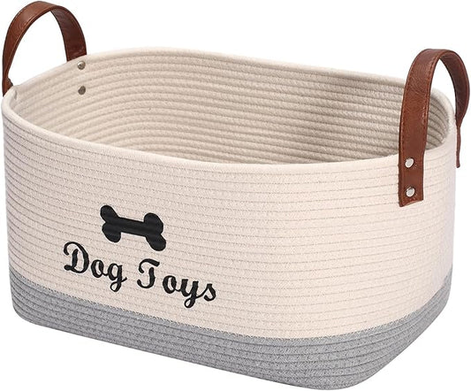 Geyecete X-Large Cotton Rope Dog Basket with Leather handle Blanket Storage Basket Decorative Clothes Hamper Basket | Extra Large Baskets for Blankets or Laundry-Beige/Gray