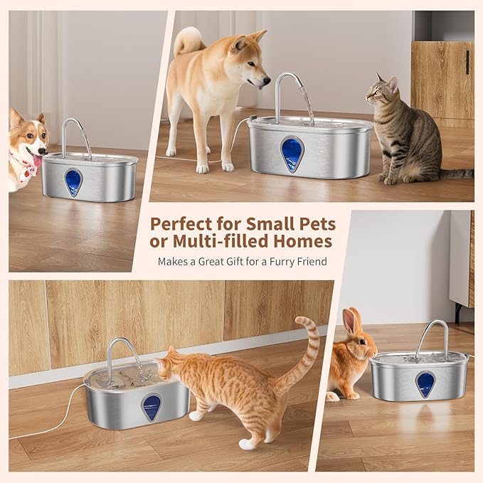 Cat Water Fountain Stainless Steel, 3.5l/118oz Cat Fountain with Water Level Window Silent Pet Fountain for Drinking, Automatic Cat Water Dispenser Indoor（118oz）
