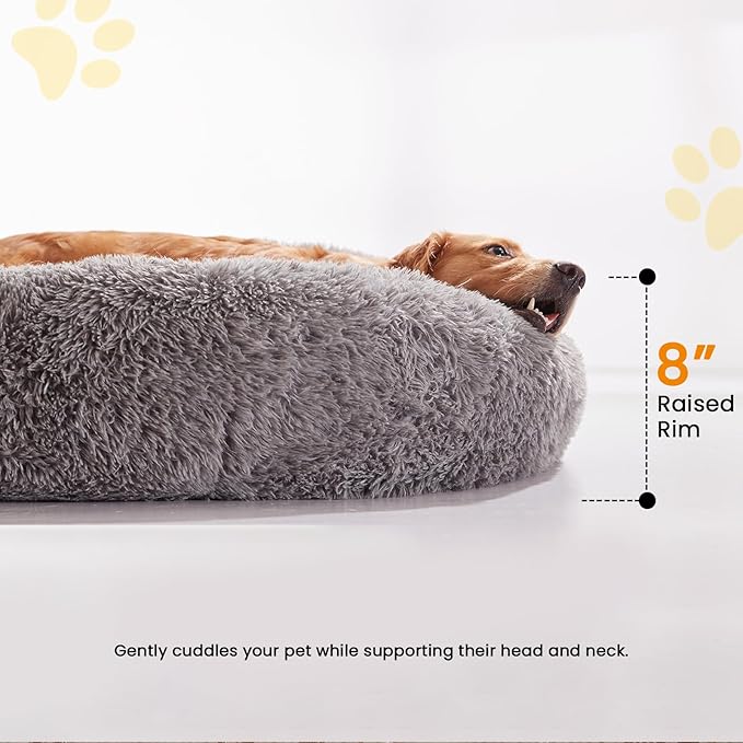 Calming Dog Beds for Large Dogs, Faux Fur Donut Cuddler Dog Bed, Round Fluffy Pillow, Washable Pet Bed for Dogs Up to 80Lbs, 36inch