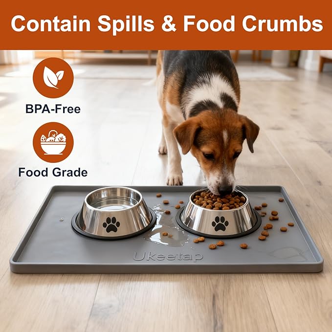 19” x 12” Extra Thick Waterproof Silicone Mat with Raised Edge, BPA Free Non-Slip Dog & Cat Food Mat, Feeding Mat for Food and Water Bowls, Spill Proof Mat to Protect Floors, Gray