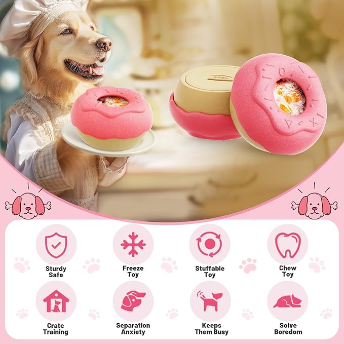 Aggressive Chew Toys for Large Dogs, Pet Valentine Anxiety Relief for Dogs Toy, Dog Chew Toys Indestructible Frozen Dog Treat Toy for Peanut Butter and Frozen Treats Reduces Anxiety, Donut