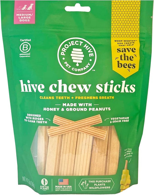 PROJECT HIVE ·PET COMPANY· Dental Chew Stick Treats for Large Dogs 12 oz. - Healthy, Natural Peanut Butter Flavored, Natural, Vegetarian Chews, Made in The USA (Chew Sticks, Large Breeds)