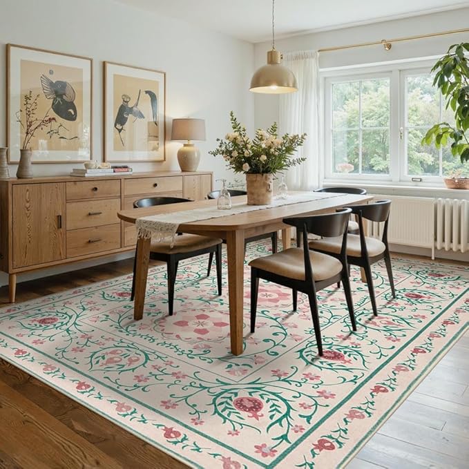 Pink Rug for Living Room Bedroom, Floral 6x9 Washable Rugs, Vintage Boho Style, Large Non Slip Flower Carpet for Indoor Dining Room, Girls/Nursery/Kids Room (Pink/Green 6x9ft)