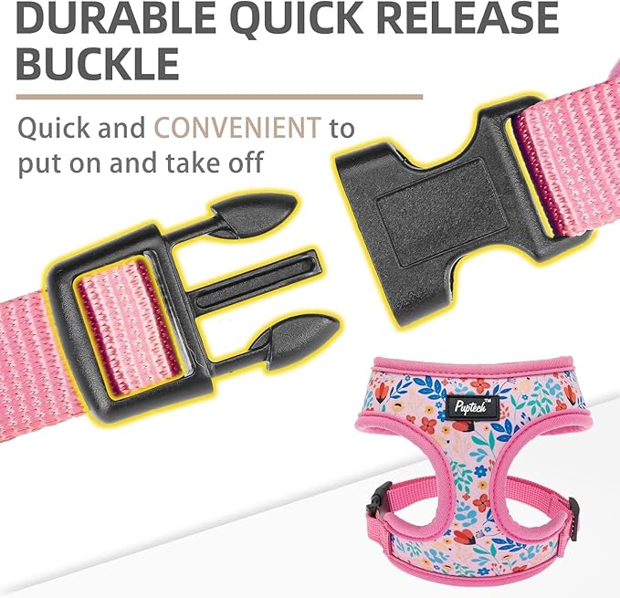 PUPTECK Soft Mesh Dog Harness and Leash Set Pet Puppy Cat Comfort Padded Vest No Pull Harnesses, Pink Floral, XS