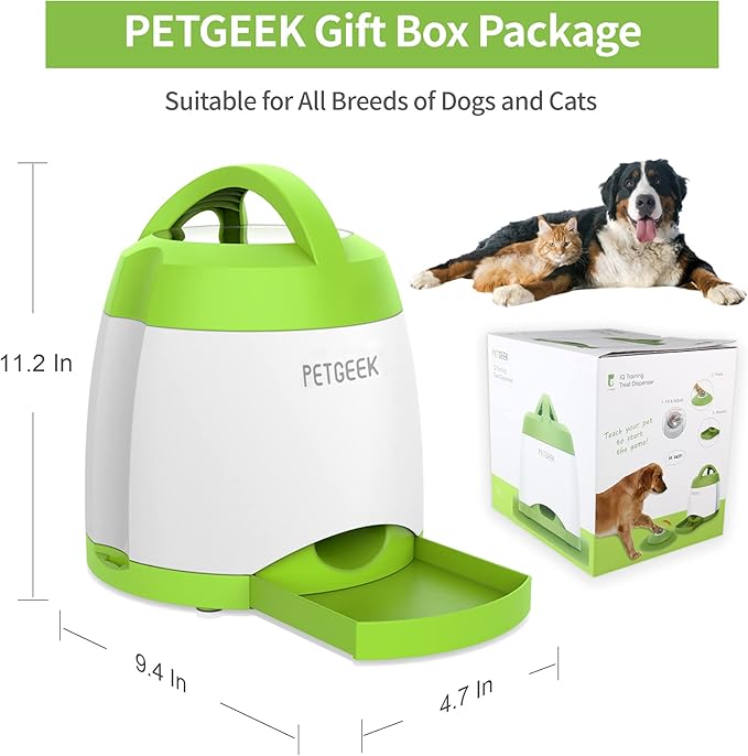 PETGEEK Dog Treat Dispenser with Button, Automatic Dog Feeder with Remote Control and Dual Power Supply, Dogs Puzzle Toys and Interactive Pet Stimulation Toys for Indoor or Outdoor Play(Green)