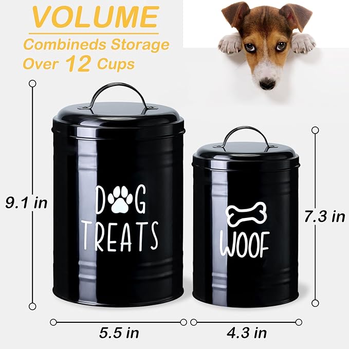 Dog Treat Container Airtight, Dog Treat Jar Set of 2 with Lid - 9x5.5''&7x4'' Metal Dog Cookie Jar for Farmhouse Kitchen Counter, Black Treat Jars for Pets, Treat Storage Container for Dogs, Cats