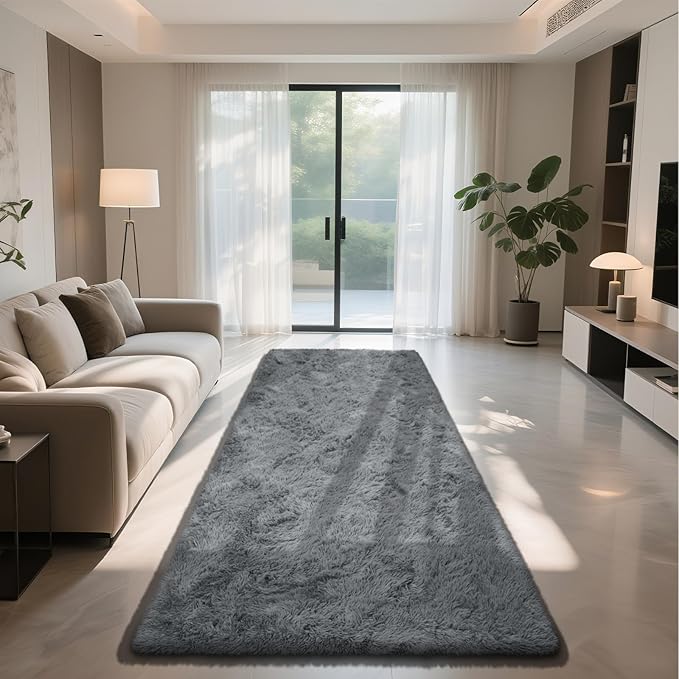 Soft Runner Rugs for Bedroom, Dark Grey 3x7 Area Rugs Fluffy Rug Shaggy Area Rug Carpet, Bedside Rug for Living Room Bedroom Kids Room Home Decor