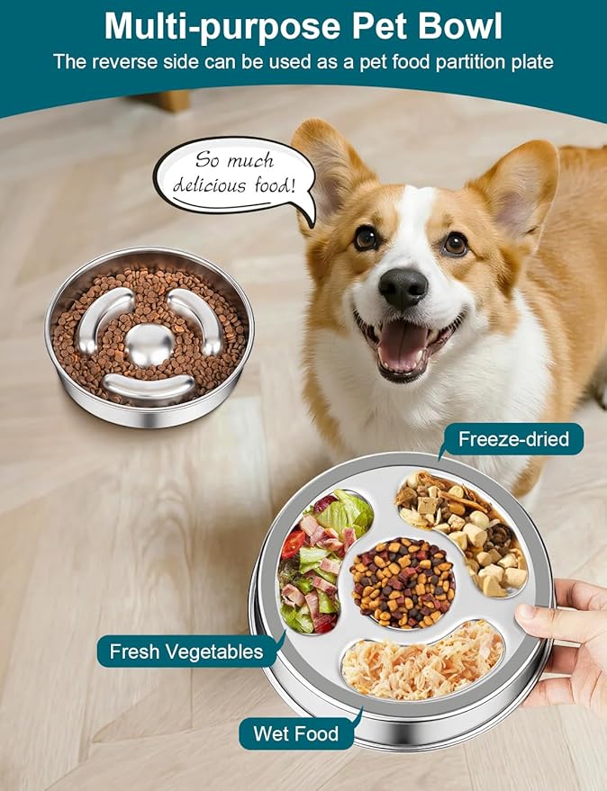 Slow Feeder Dog Bowl Stainless Steel，8-inch Diameter Dog Slow Feeder Bowl，Heavy Duty with Non-Slip Rubber Base，2Cups Capacity for Medium & Large Dog.Thick and Heavy Edition