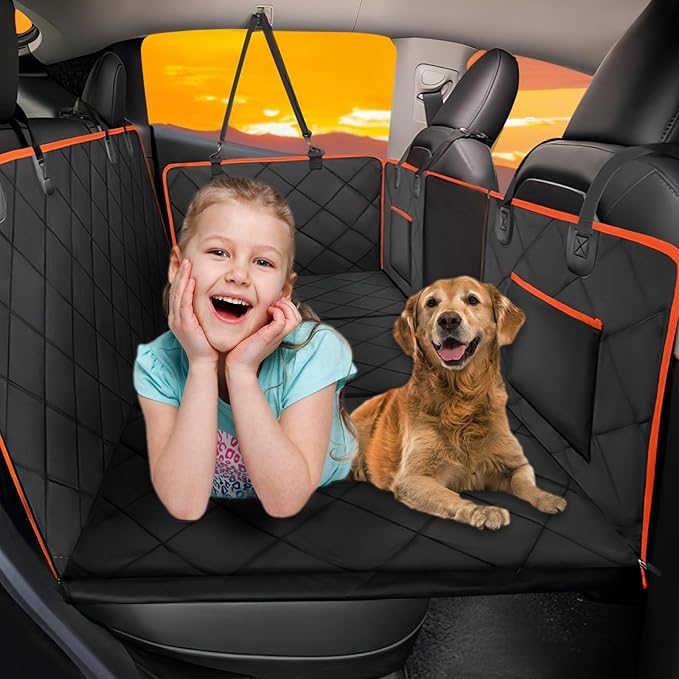 Back Seat Extender for Dogs - Holds 420lb, Hard Bottom Dog Bed Back Seat Cover, Pet Car Seat Cover Backseat Extender,Upgraded Material Waterproof Dog Hammock for Car，SUV, Truck, Black/Orange
