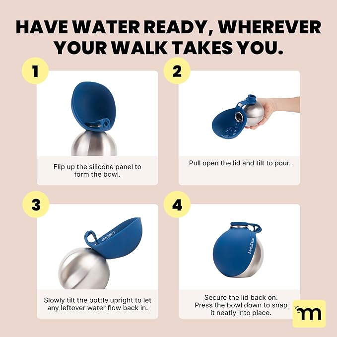 MalsiPree 2-in-1 Portable Dog Water Bottle and Travel Bowl for Small Dogs - Stainless Steel Dog Water Jug for Walking, Hiking, and Car Trips - Leak-Proof Dog Water Bottle Portable - 10oz Navy