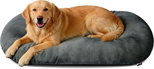 Washable Large Dog Bed for Medium & Large Breeds, Non-Slip Bottom & Plush Faux Silver Fox Fur Oval Cushion Pad for Big Dogs, Soft Mat for Crates, Dark Grey, 41x27 Inch