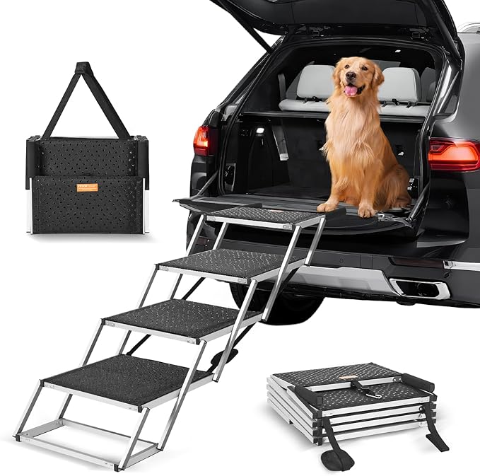 VEVOR Dog Stair for Cars, Wide 4-Step Dog Car Steps, Folding Dog Car Ramp with Nonslip Surface, Portable Pet Steps Lightweight Aluminum for Car, SUV and Truck, Supports up to 250 lbs