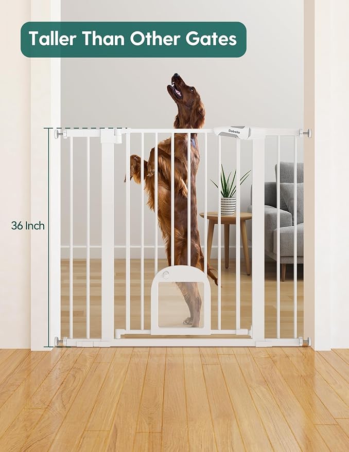 Babelio 36" Tall Upgraded Baby Gate with Cat Door, 29-43" Auto Close Durable Dog Gate for Stairs, Doorways and House, Easy Walk Thru Safety Gate with Pet Door Includes 4 Wall Cups, White