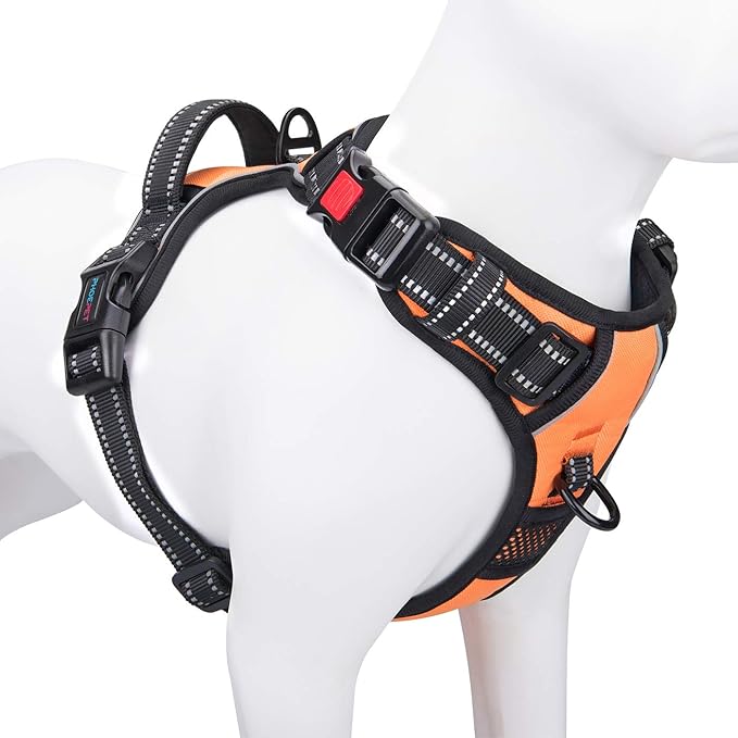 PHOEPET No Pull Dog Harnesses for Small Dogs Reflective Adjustable Front Clip Vest with Handle 2 Metal Rings 3 Buckles [Easy to Put on & Take Off] (S, Orange)