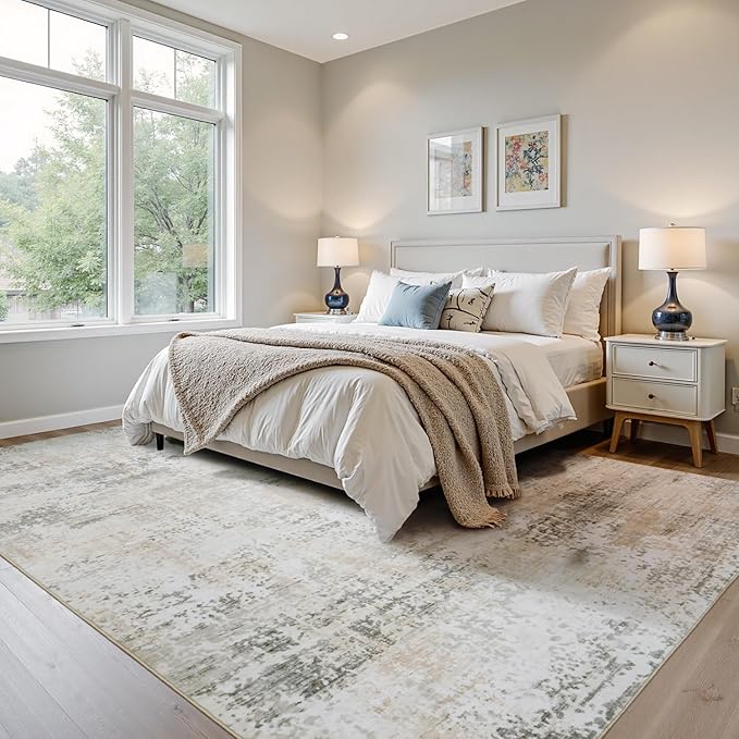 8x10 Rugs for Living Room, Neutral Large Abstract Area Rug, Non-Slip Machine Washable Carpet, Bedroom Dining Room Modern Decor, Soft Low Pile Kids Pet Friendly Cream Beige