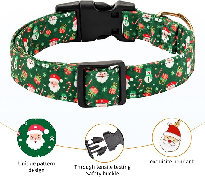 Christmas Dog Collar,Adjustable Cute Puppy Collar with Santa Claus Patterned Design for Small Medium Large Dogs,Soft Pet Collar with Safety Buckle for Girl Boy Dogs (Green Santa, Medium)