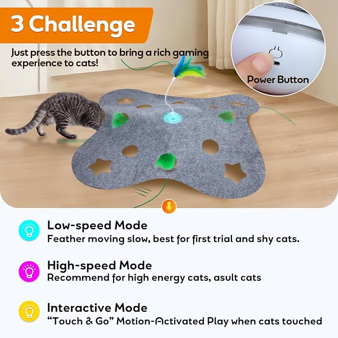 Interactive Cat Toys for Indoor Cats Exercise Toys Spin Feather Wand Tumbler Base, Touch Activate Mode Peek-A-Boo Felt Cover Toy Rechargeable