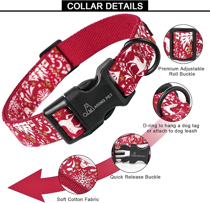 ARING PET Christmas Dog Collar, Cute Red Reindeer Cotton Lightweight Xmas Pet Collars for Puppy Small Medium Large Dogs-M