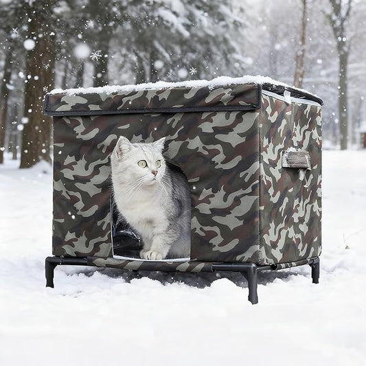 Elevated Cat House for Outdoor Cats,Outside Cat House Weatherproof Outdoor Cat Feeding Satation for Winter,Insulated Pet Shelter for Feral & Stray Cats,Waterproof & Scratch-Resistant (Khaki Green)