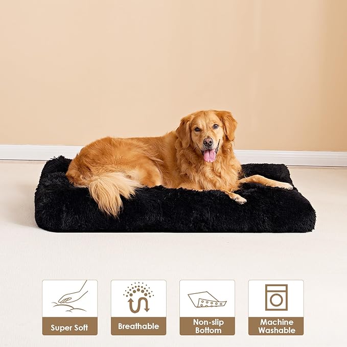 EHEYCIGA Fluffy Dog Crate Bed for Extra Large Sizes, Plush Faux Fur Crate Pad, Calming Anti Anxiety XL Bed, Washable Soft Warm Dog Mat with Non-Slip Bottom, Black