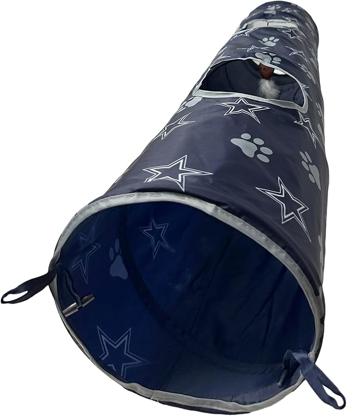 NFL Dallas Cowboys Cat Tunnel Tube Toy with Plush Football Catnip and Feathers Collapsible Tunnel for Cats to Play, Peek and Hide, Sporty & Fun Cat Tunnel Toy with Team Logo All-Over Design!