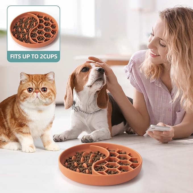Slow Feeder Dog Bowls, Silicone Pet Food Bowls with Suction Cups, Non-Slip Dog Feeding Slow Down Pet Eating Speed for Fast Eaters, Anxiety Relief & Fun Added (Orange)