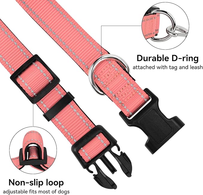 Reflective Dog Collar for Mediunm Dogs, Adjustable Collar with Soft Neoprene Padded, Durable Buckle for Daily Walking,Neon Pink,M, 1" Width