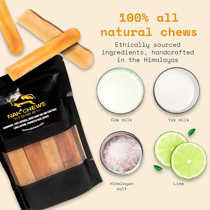 Himalayan Yak Cheese Dog Chews - Natural Healthy & Safe Treat for Small & Medium Dogs - Long Lasting Dental Chew Rich in Protein & Calcium - Gluten-Free Lactose-Free - 6 Chews for Medium Dogs