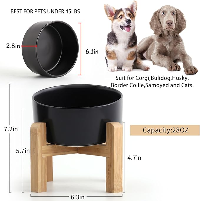 Petygooing Black Elevated/Raised 15°Slanted Ceramic Dog Bowl for Small and Medium Breeds, Tilted Anti Slip Pet Feeding Bowl,Food Water Dish with Stand for Cats and Dogs (28 OZ/3.6 Cups)