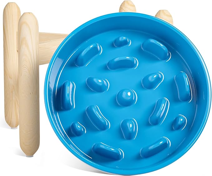 LE TAUCI Ceramic Slow Feeder Dog Bowls Elevated, 3 Cup Raised Bowl with Wooden Stand for Medium Large Breed, Slow Down Eating, Puzzle Dog Food Bowl,Vortex Blue