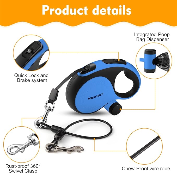 Retractable Dog Leash with Chew Proof Cable, 26Ft Heavy Duty Dog Leash for Medium Large Dogs up to 110lbs, 360째 No Tangle, One-Handed Brake (Blue)