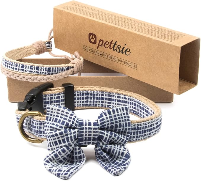 Pettsie Dog Bow Tie Collar with Matching Friendship Bracelet – Adjustable, Durable Hemp & Soft Cotton, Stylish & Comfortable for Sensitive Skin, Elegant Gift Box, Small, Dark Blue