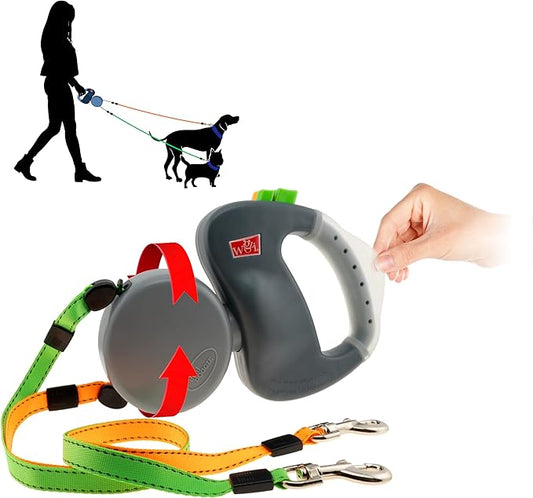 Wigzi - 2025 Edition - 2 Dog Retractable Leash ??Featuring Our Incredible Silicone Gel Handle - No Tangle Engineering. Each Dog 50 lb up to 10 ft Distance. Lock and Unlock Easily. Reflective Webbing.