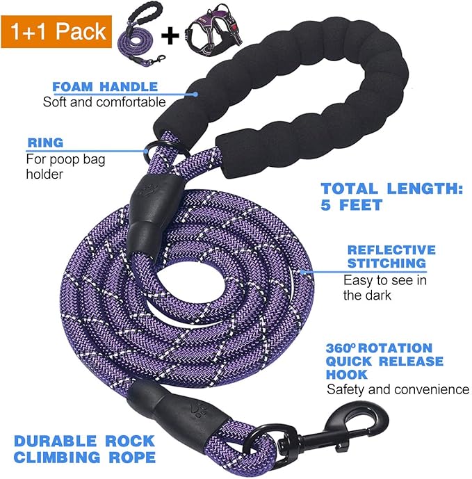 No Pull Dog Harness Adjustable Reflective Oxford Easy Control Medium Large Dog Harness with A Free Heavy Duty 5ft Dog Leash