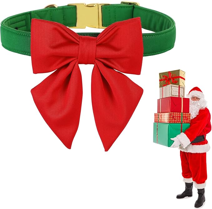 Maca Bates Christmas Grass Green Dog Collar with Cute Solid Sailor Bow Tie for Large Girl Boy Dogs,Adjustbale Durable Breakaway Soft Collars with Bowtie for Female Male Puppy,Pet