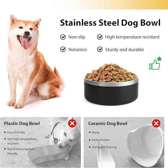 Stainless Steel Dog Bowl, Metal Water and Food Dish for Large Dogs, Insulated Non-Slip Pet Bowl, Easy Clean, 64oz, Black