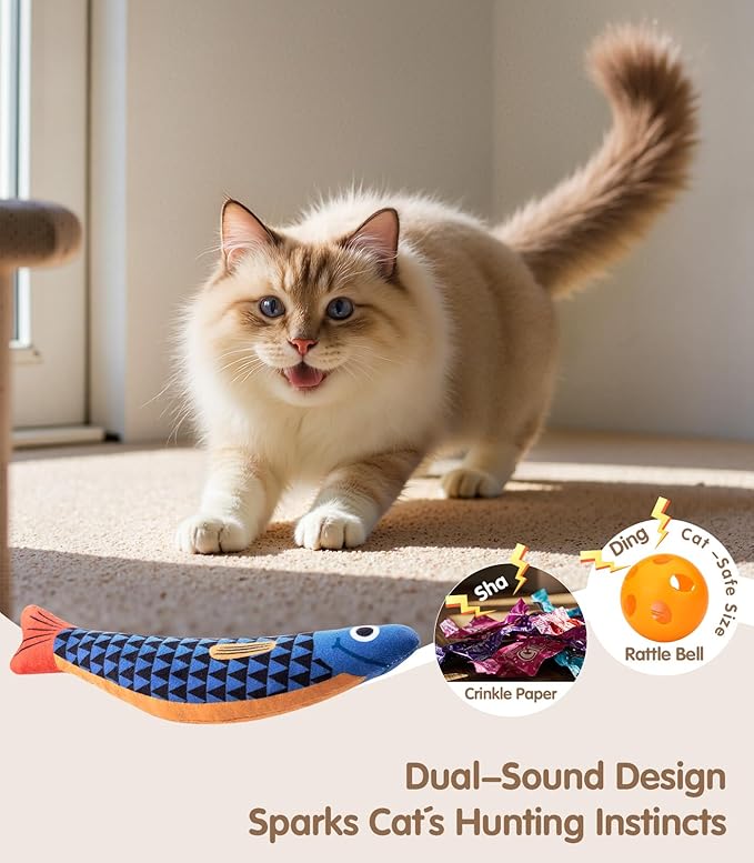 Cat Toys with[5000mg A+Natural Catnip &Silvervine] [Baby Grade] Interactive Soft Chew Kicker Cat Toys for Indoor Cats & Kittens, [Crinkle &Bell] Fish Sound Toy, Drives Bored Cat Crazy with Fun