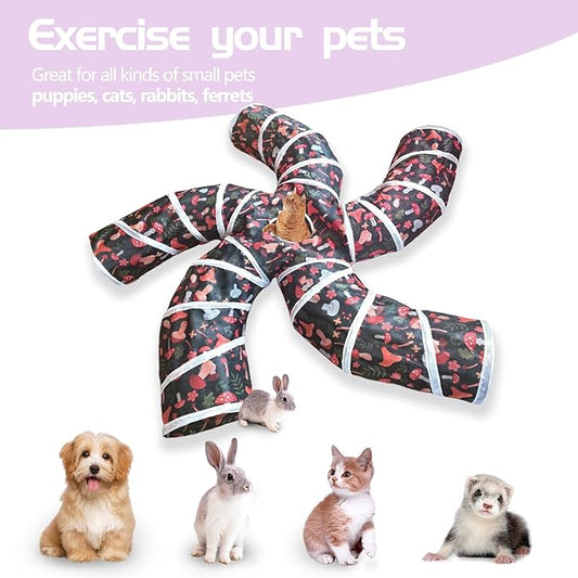 EGETOTA Cat Tunnel for Indoor Cats Large, with Play Ball S-Shape 5 Way Collapsible Interactive Peek Hole Pet Tube Toys, Puppy, Kitty, Kitten, Rabbit (S5 - Mushroom)