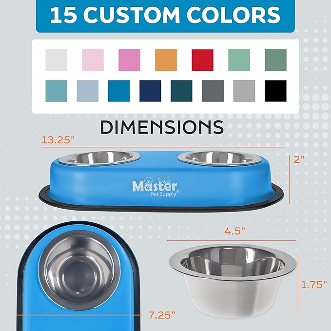 Master Pet Supply Double Dog Bowls Set with Elevated Base and 2 (8 oz) Stainless Steel Removable Dishes (Graphite) – Double Cat Food Water Bowl, Dog Puppy Food Bowl Set, Rust Resistant