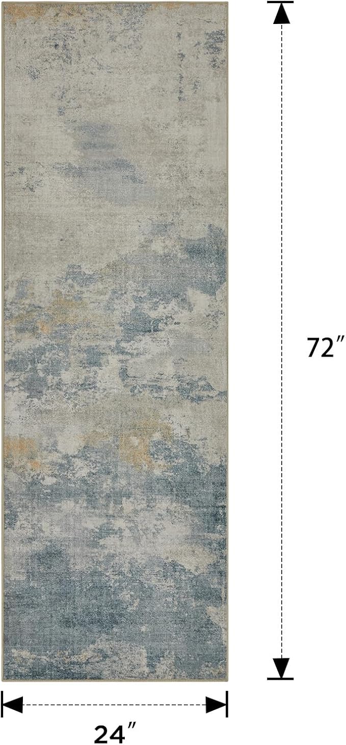 Joydeco 2x6 Washable Runner Rug for Hallway, Modern Abstract Non-Slip Soft Rugs, Low Pile Carpet for Entryway, Bedroom, Kitchen, Laundry, White & Blue & Gold
