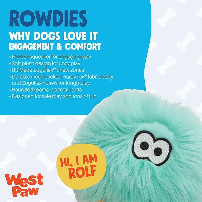 WEST PAW Rowdies Rolf Durable Plush Dog Toy with HardyTex Reinforced Seams Engaging Squeaker with Soft Cuddly Exterior Hand Sewn and Finished in Bozeman Montana for Dogs - Seafoam