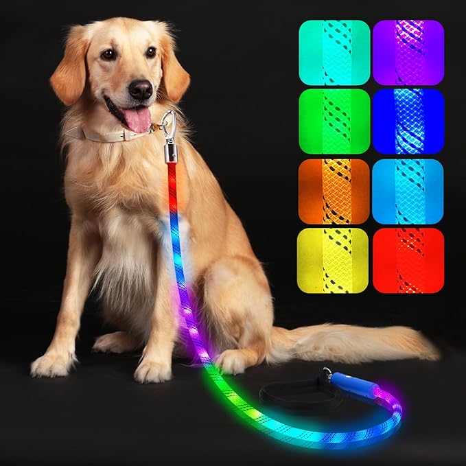 Light Up Dog Leash, LED Pet Leash for Night Walking,13 Lighting Modes, Rechargeable Dog Lights, Glow in The Dark Walking Leashes with Tangle-Free Hook for Medium Large Dogs - 4 Ft