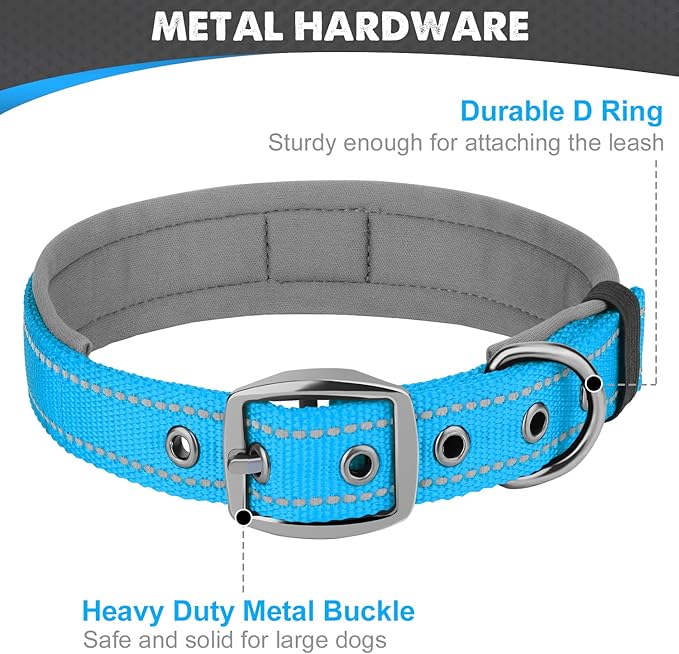 Joytale Dog Collar for Medium Dogs, Neoprene Padded and Adjustable, Reflective Wide Heavy Duty Pet Collars with Durable Metal Belt Buckle for Walking, Sky Blue, M